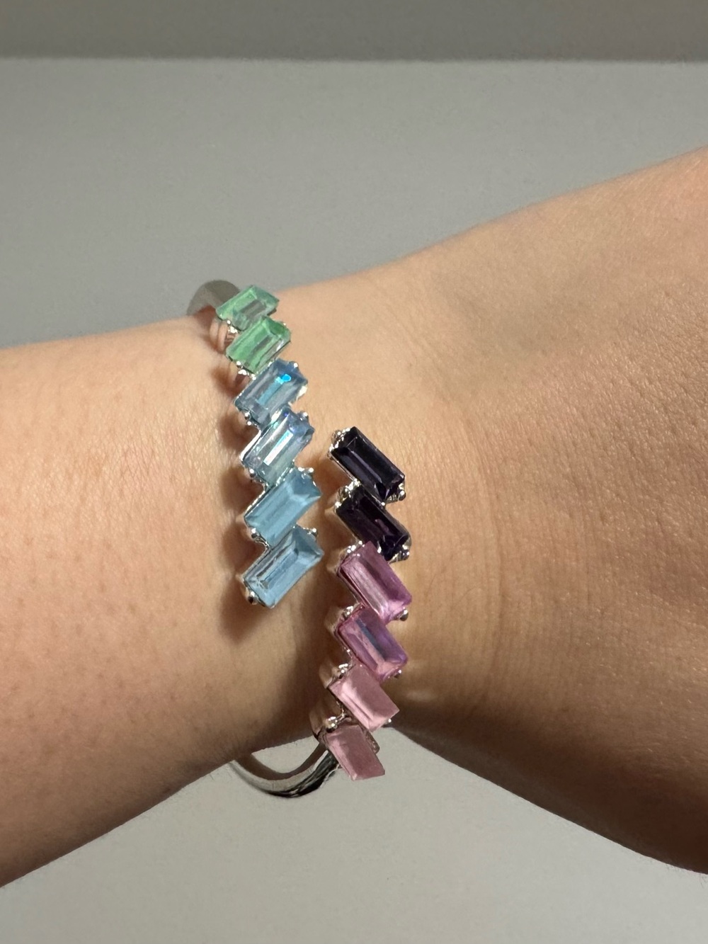 Bomb Party rainbow pastel cuff bracelet baguette crystal pink blue purple silver